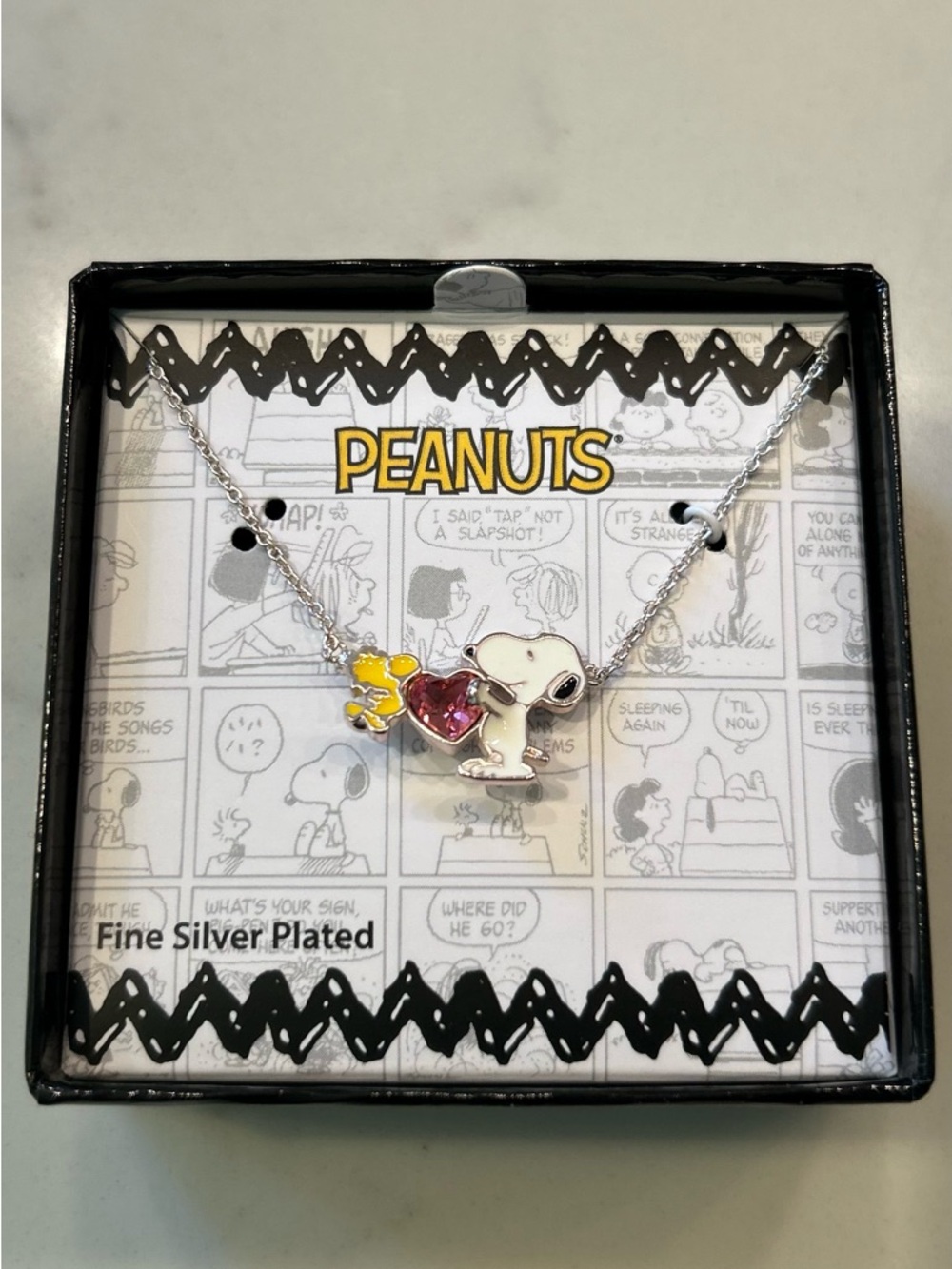 Peanuts Snoopy & Woodstock Silver-Plated Necklace with Pink Crystal Heart